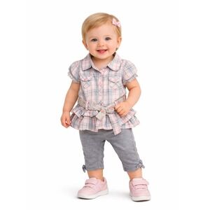 NWOT Guess Kids Girls 12M 2-Piece Plaid Tunic Ruffle Top Gray Leggings Set Pink